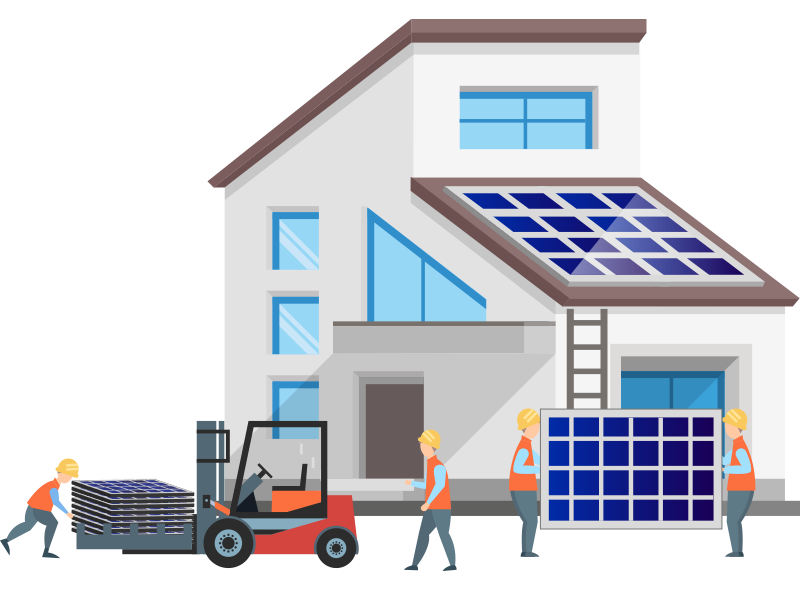 cartoon installation of solar panels on a house