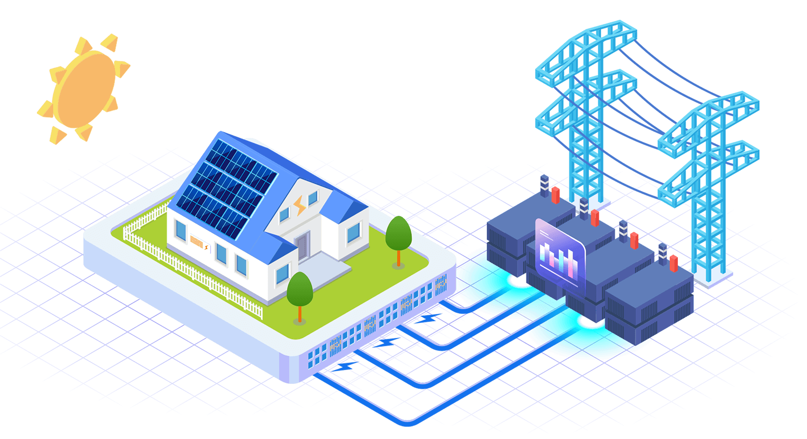 Cartoon image of solar panels and the grid
